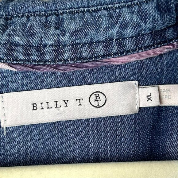 Billy T Love You To Pieces Shirt Women XL Blue Purple Chambray Denim Plaid Boho - Picture 15 of 15